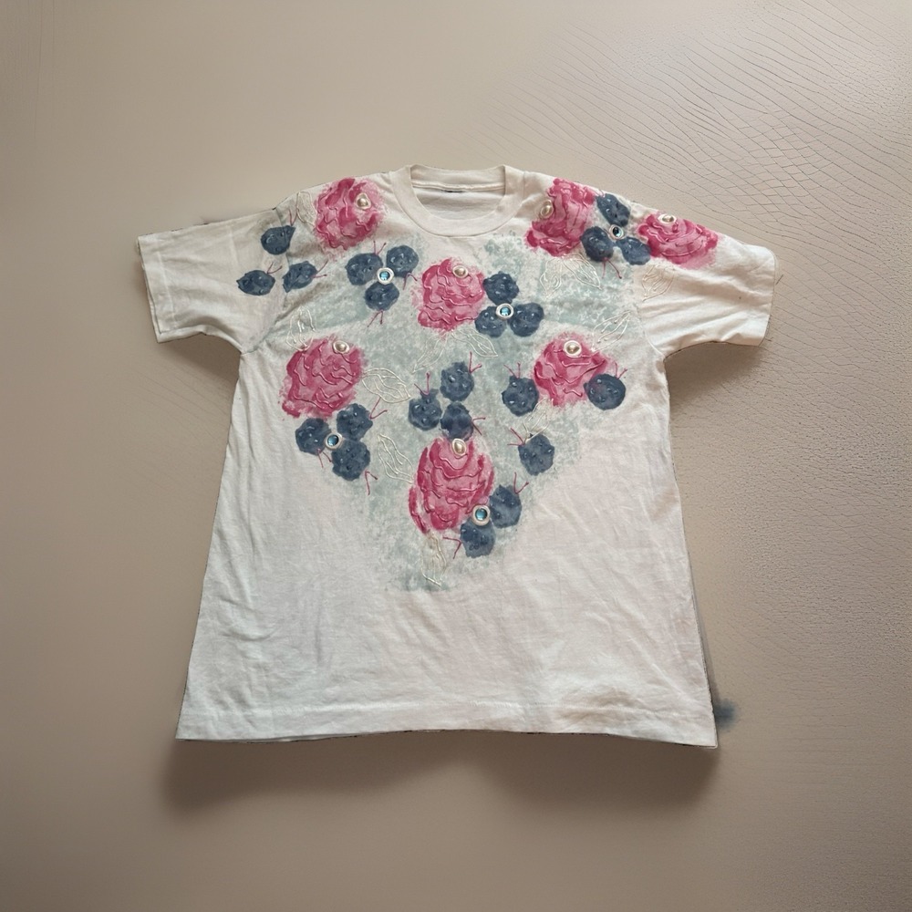 Unbranded Oversized T-shirt VTG hand Painted Embellished Floral design 90s Mom